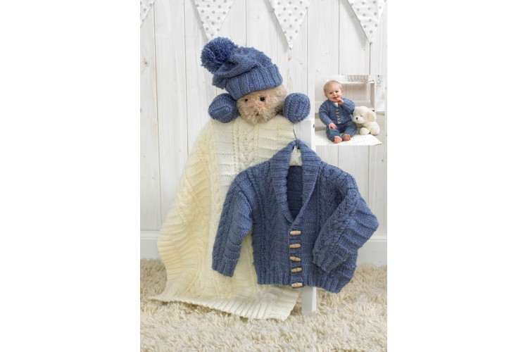 Baby Jacket, Hat, Mittens & Blanket Aran Wool 4854