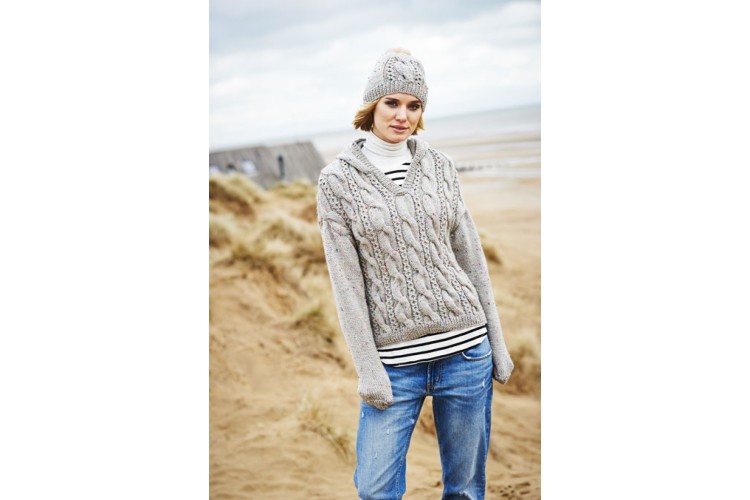 Ladies Hooded Sweater, Hat & Mitts Pattern Aran 9556