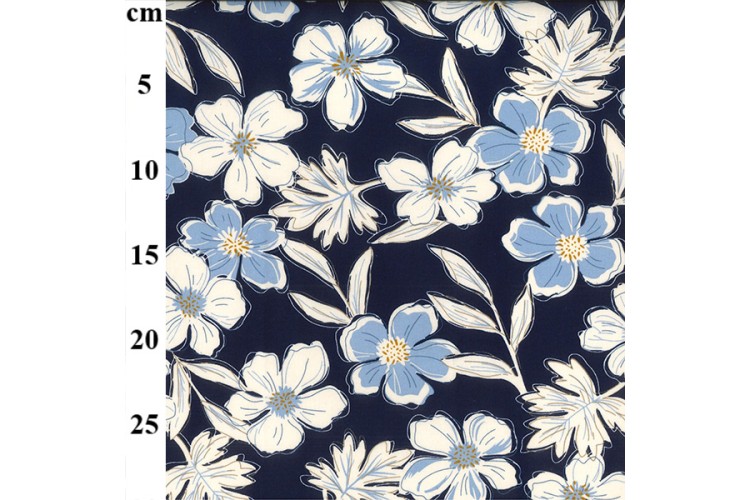Blue & White Flowers on Navy Cotton Poplin