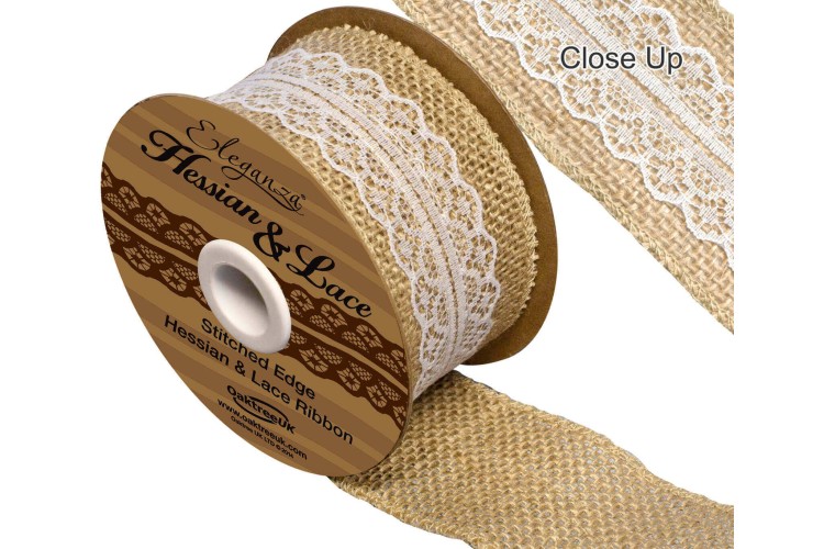 Ribbon, Stitched Edge, Hessian Lace White 50mm (OAK 3)