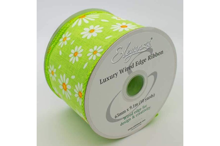 Wired Edge White Daisies on Green Ribbon 63mm