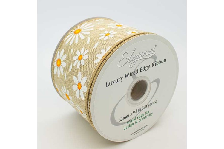 Wired Edge White Daisies on Natural Ribbon 63mm